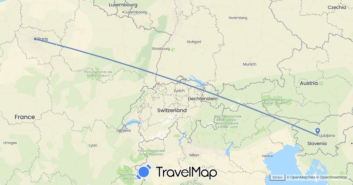 TravelMap itinerary: driving, cycling in France, Slovenia (Europe)
